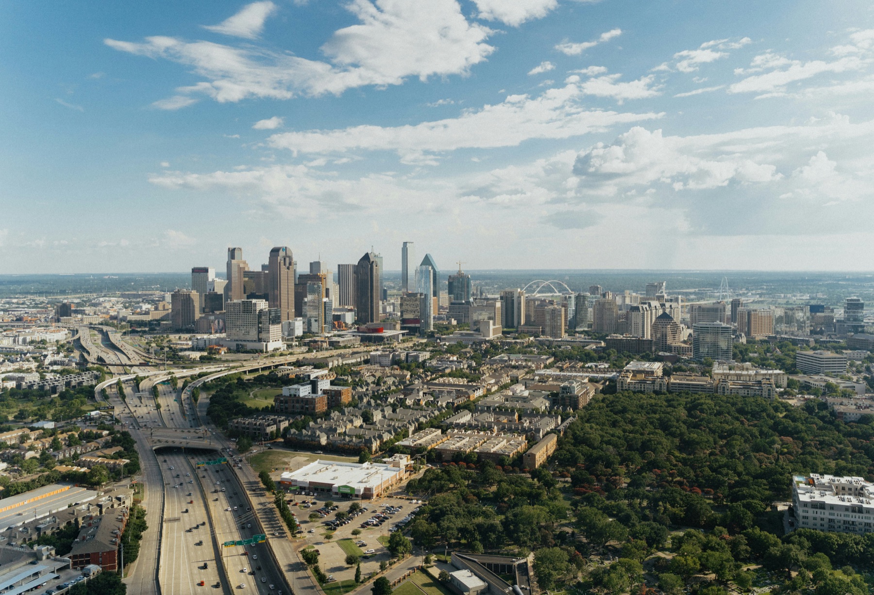 Aerial view of the Dallas skyline looking toward downtown