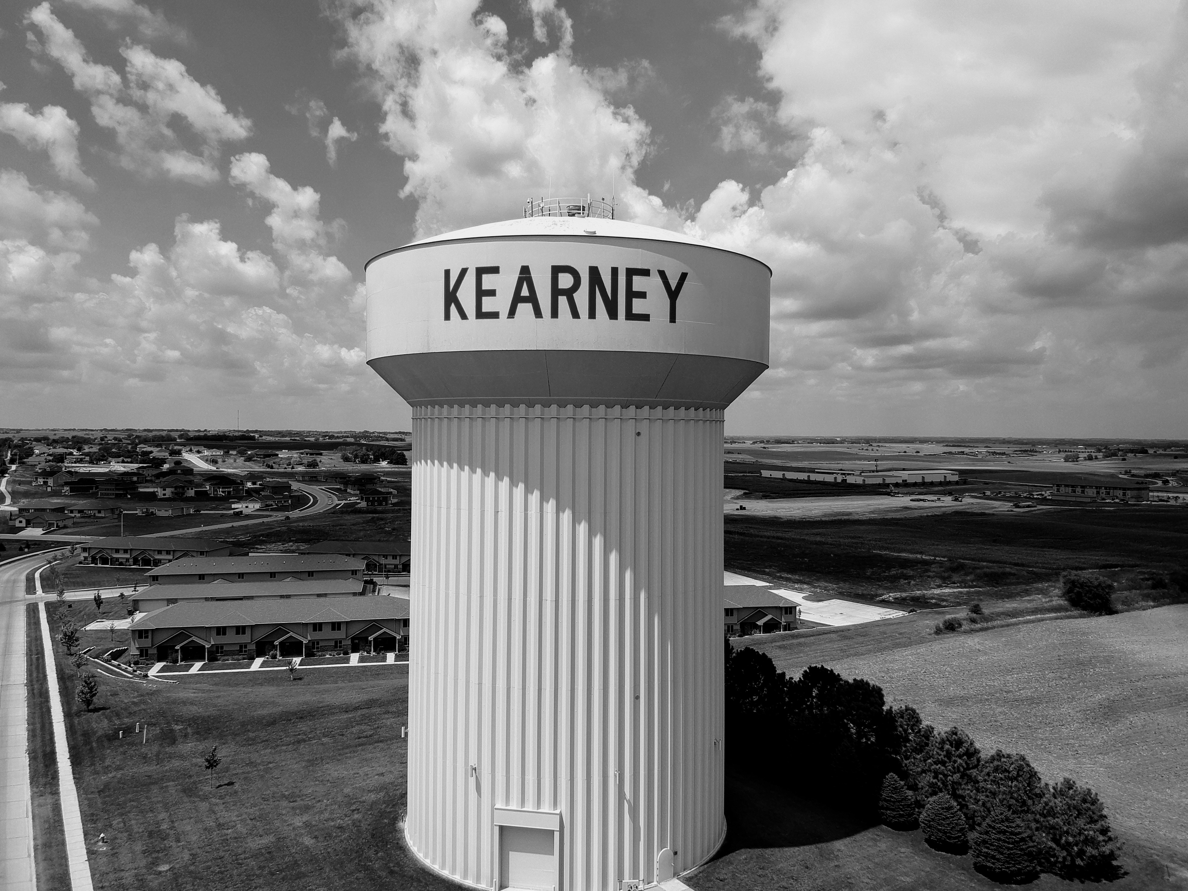 The Kearney, Nebraska water tower above the surrounding neighborhoods