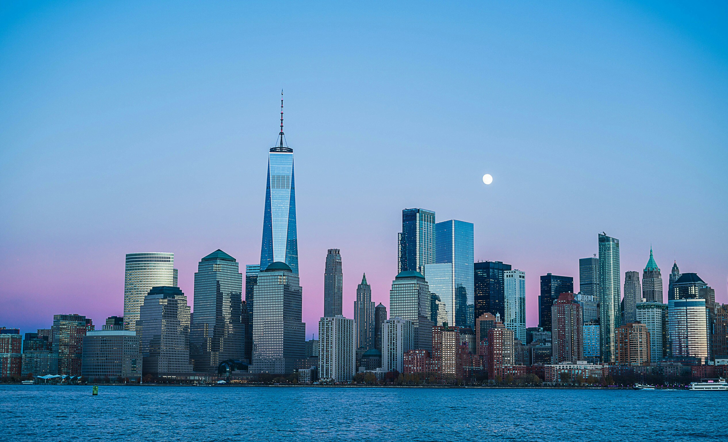 Lower Manhattan skyline at dusk